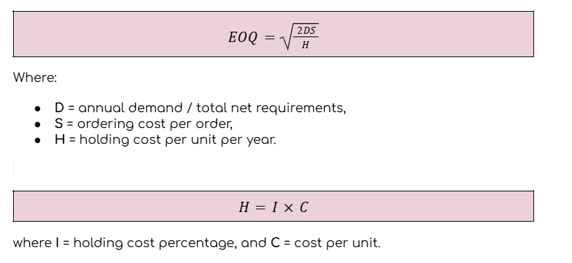 <p><span>EOQ - Economic Order Quantity</span></p><p><span>EOQ is the optimal order quantity that minimises total inventory costs. It is used when demand and lead time are quite stable.</span></p><p><span style="background-color: transparent;">We use EOQ to find a balance between:</span></p><ul><li><p><span style="background-color: transparent;"><strong>ordering cost</strong> - too many small orders = expensive,</span></p></li></ul><p><span style="background-color: transparent;"><strong>holding cost</strong> - very large orders = expensive storage.</span></p>