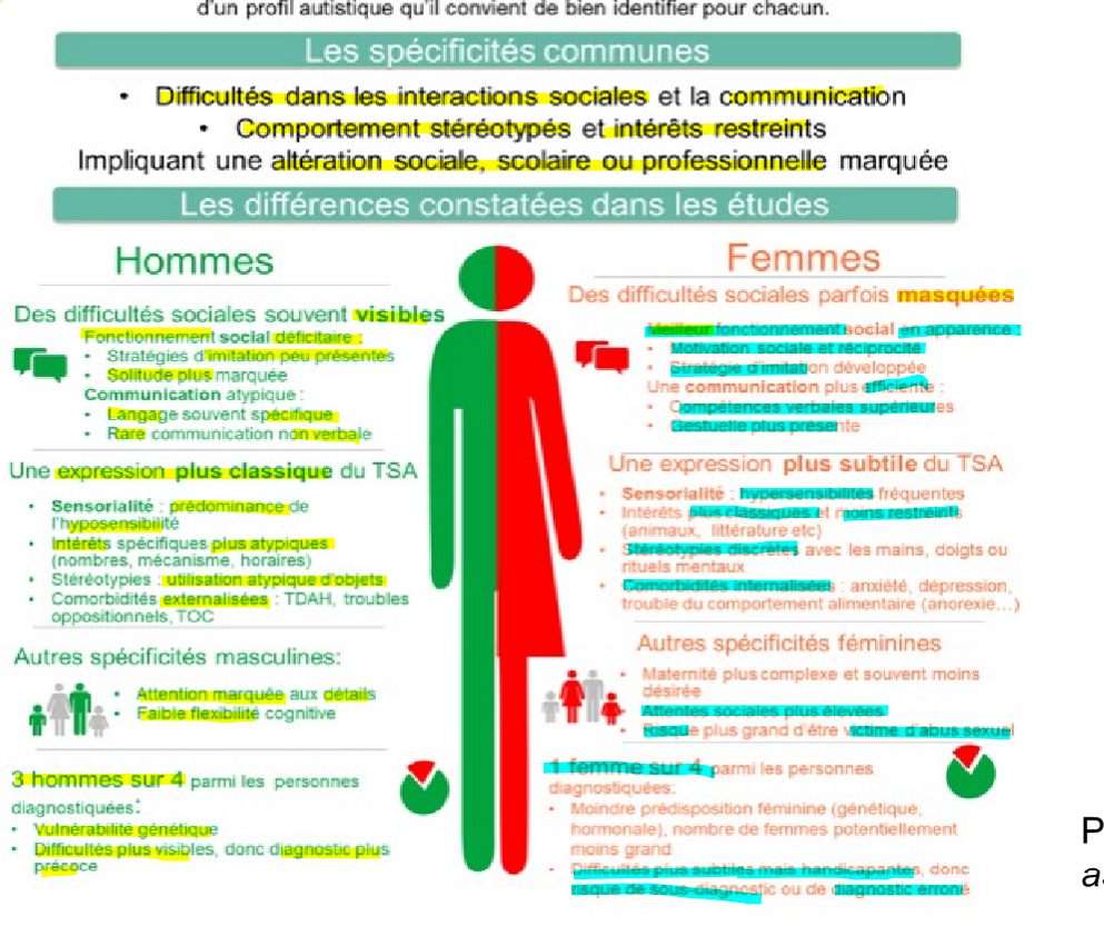 <p>outils évaluation audocentré: place sensation besoin homme au centre, donc évalue mal femme</p><p>camouflage plus présent chez femme => plus internalisé chez fille </p><p>interêt restreint => plus spécifique à des intérêts de fille mais intensité qui pose pb (aime gr kpop donc connai tout date tournée </p>
