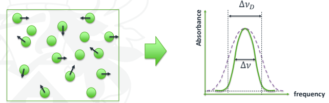 <p>When a molecule moves towards the detection, the observed absorption frequency increases compared to the actual frequency by an amount relative to the ratio of its speed to c.</p><ul><li><p>This causes a spread of observed frequencies and so a broader linewidth.</p></li></ul><p></p>