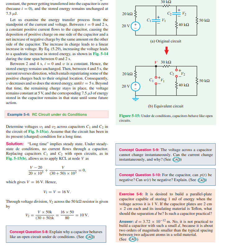 <p>An RC Circuit is a circuit in which there is a resistor and a capacitor involved. </p><p></p><p>Take the circuit provided as a prime example:</p><p></p><p>Both C1 and C2 are replaced by an open circuit whereby the top of the capacitor is the + terminal and the bottom of the capacitor is the - terminal (recall that the top plate contains positive charge and the bottom plate contains negative charge). </p><p></p><p>From there, V is the same as V1 (since there are no loads to drop down the resistance).</p><p></p><p>Then V2 has the same voltage as the voltage across the 50kohm resistor; we disregard the 40kohm resistor because there is no current flowing through that branch and thus the voltage across the 40kohm resistor is 0V.</p><p></p><p></p>