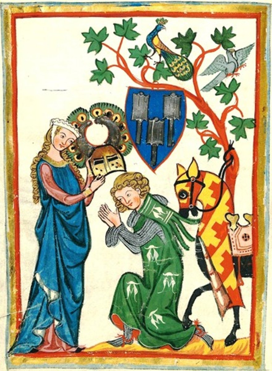 <p>a code of behavior for knights in medieval europe, stressing ideals such as courage, loyalty, and devotion</p><p>complex set of ideals demanded that a knight fight bravely in defense of three masters; devoted himself to his earthly feudal lord, his heavenly Lord, and his chosen lady</p>