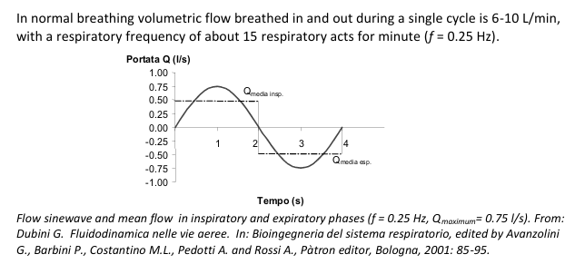 <p>In normal breathing volumetric flow breathed in and out during a single cycle is 6-10 L/min, with a respiratory frequency of about 15 respiratory acts for minute (f = 0.25 Hz)</p>