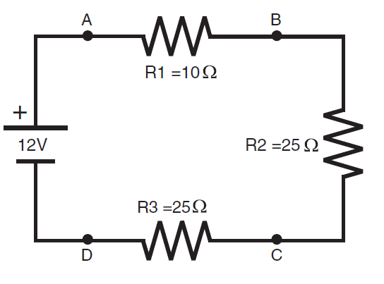 <p><span>In the circuit below, which point has the highest polarity if the negative side of the supply is the common (reference) point?</span></p>