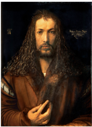 <p>-Albrecht Dürer 1500</p><p>-how artist portrayed themselves in self-portraits and how they idealize themselves</p><p>-religious symbolism ( the artist as Christ) </p>