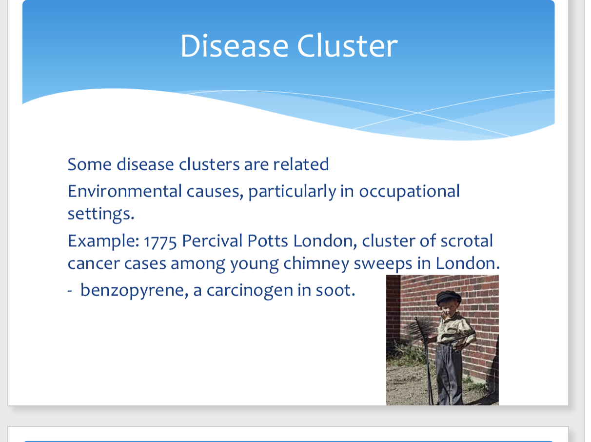 <p>Characteristics</p><p>1. Gradual rise</p><p>2. More rapid decline</p><p>3. More than one peak, separated by average</p><p>incubation period for the diseas</p><p></p><p>disease cluster: A group of cases of a disease, usually a relatively low prevalence disease in a geographic area or in time, whose distribution is believed not to be due to chance Example: leukemia cases, birth defects in a community</p><img src="https://assets.knowt.com/user-attachments/94254947-4e59-4e42-82c4-97ca075c2bfc.png" data-width="100%" data-align="center"><p></p>