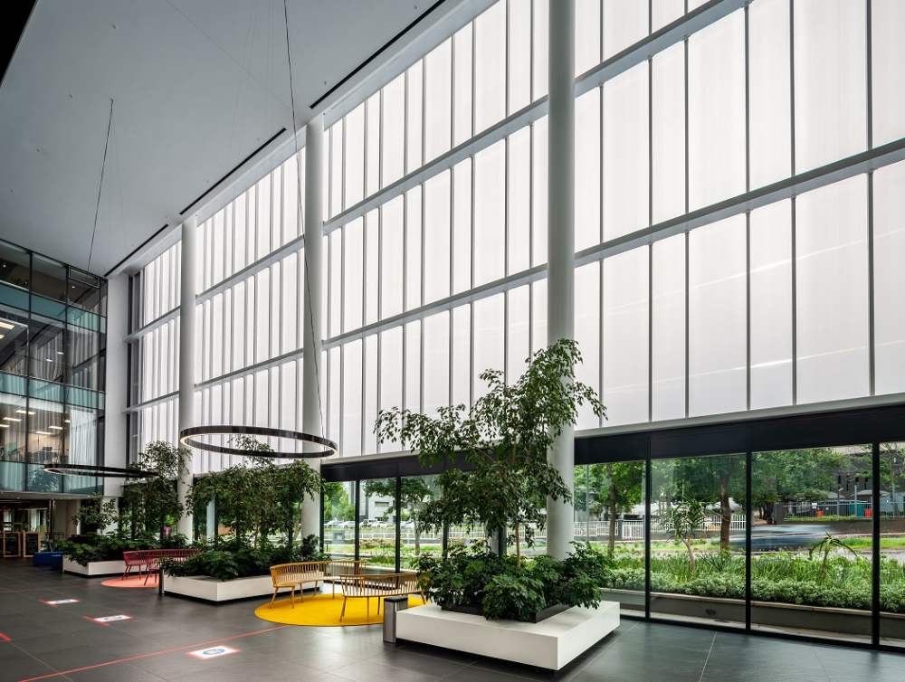 <p>An exterior wall that provides no structural support, often with a lot of windows.</p>