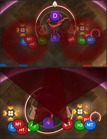 <p>Stacked in acting light parties to the north, LP1 left and LP2 right of the boss. The two players with stack marker mechanics will have their stacks go off, and then the two players with cone mechanics will have their cones go off, making sure they point away from the party. And then a Snaking Kick right after.</p>