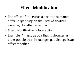 <ul><li><p>association between an exposure and outcome differs across a third variable</p><ul><li><p>not a confounding variable</p></li><li><p>reveals that an effect is stronger/weaker in specific subgroups</p></li></ul></li></ul><p></p>