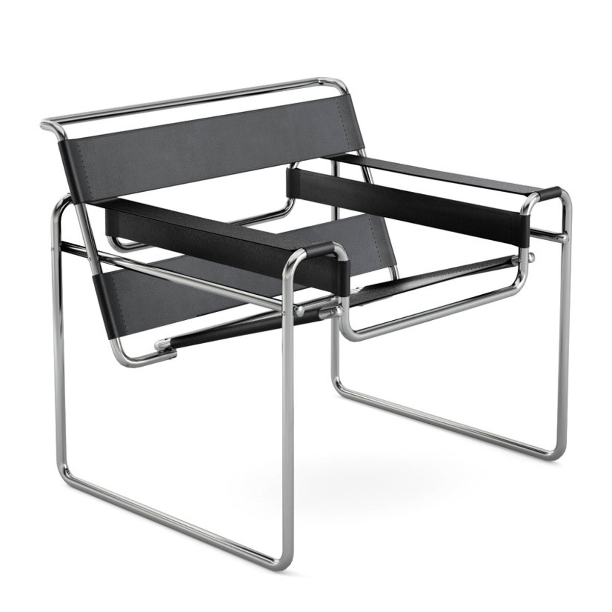 <p>QN=23</p><p>This is the B3 "Wassily" armchair, designed by Marcel Breuer, 1925.</p><p>What are the common materials to manufacture this product?</p><p>Check one option.</p><p>a. Modern tubular steel and leather.</p><p>b. Modern tubular steel and fabric.</p><p>c. Curling iron and fabric.</p><p>d. Curling iron and leather.</p>