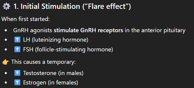 <p><span style="background-color: transparent;">When first given they stimulate GnRH receptors causing a temporary increase in testosterone and oestrogen</span></p>