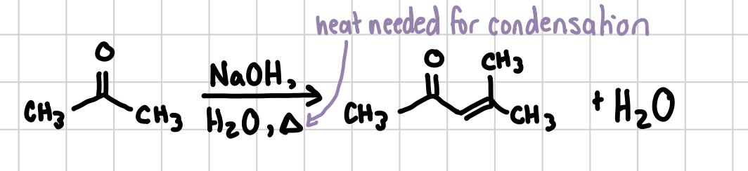 <p>In an Aldol Condensation, the carboxyl group is reacting with its own resonance form to create an extra carbon-carbon bond. When heat is added, this reaction goes all the way through and will create an alkene. Can occur intramolecularly </p><p>Reagents: NaOH, H2O, HEAT (IMPORTANT)</p>