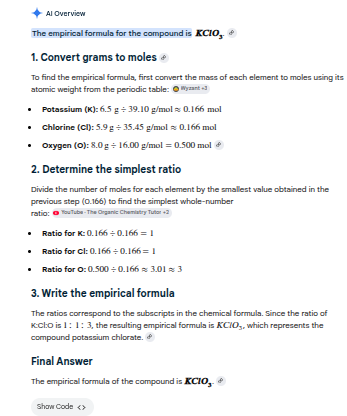 <p><strong>The empirical formula of the compound is KClO<sub>3</sub></strong></p>