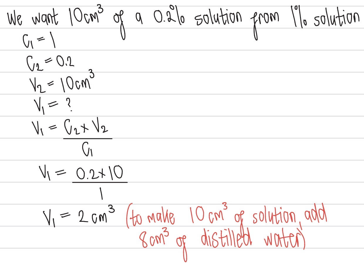 <p>C<sub>1</sub> x V<sub>1</sub> = C<sub>2</sub> x V<sub>2</sub></p><ul><li><p>C<sub>1</sub> = concentration of the stock solution</p></li><li><p>V<sub>1</sub> = volume you need to make the new dilution</p></li><li><p>C<sub>2</sub> = concentration that you want</p></li><li><p>V<sub>2 = </sub>volume of the concentration you want </p></li></ul><p></p>
