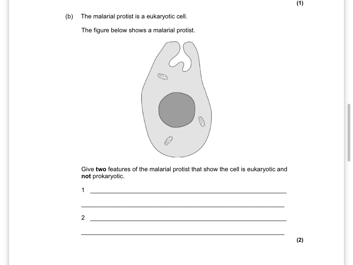 <p>Give <strong>two</strong> features of the malarial protist that show the cell is eukaryotic and</p><p class="p1"><strong>not</strong> prokaryotic.</p>