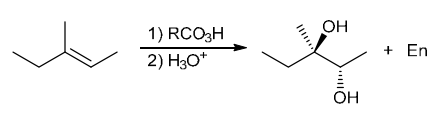 <p>The two groups being added across the alkene are OH and OH, and the alkene has undergone anti addition (one OH group has added to the top face, and the other OH has added to the bottom face). Anti dihydroxylation can be accomplished with a two-step procedure: formation of an epoxide by treatment with a peroxy acid (RCO3H), followed by a ring-opening reaction with aqueous acid</p>