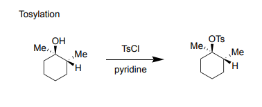 <p>-Tosylation </p><p>-replaces alcohol with OTs</p><p>-does not invert stereochemistry </p>