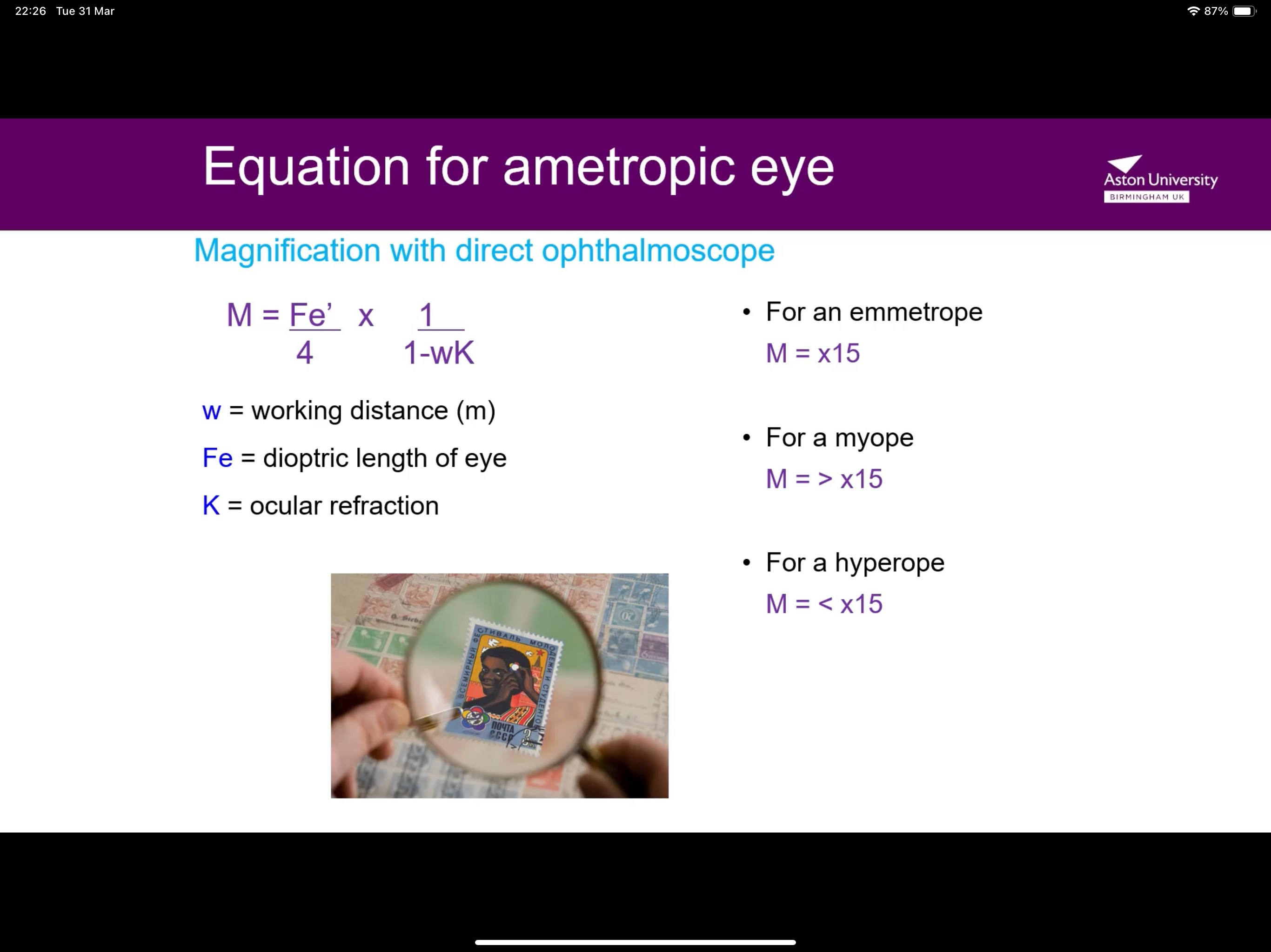 <p>(Fe (60) / 4 ) x 1/ (1- working distance x ocular refraction) ) </p>