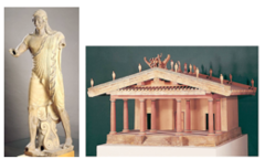 <p>Form:</p><p>-temple: wood, mud brick, tufa (volcanic rock)</p><p>-sculpture: terra cotta</p><p>-animated and moving sculpture (estruscan)</p><p>Content:</p><p>-Apollo apart of a narrative of Herakles, acroterion (roof sculpture)</p><p>-deep porch, 3 cella (entrance is emphasized)</p><p>-archaic Greek smile</p><p>Function:</p><p>-Estruscan temple made to be a place to worship the Estruscan gods and goddesses</p><p>-acroterians probably shows a mythic event</p><p>Context:</p><p>-Veii (near Rome, Italy) </p><p>-Imperial Rome 2nd centry BCE</p><p>-sculpture made by Vulca</p>