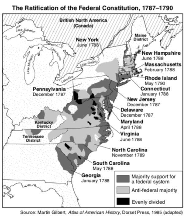 <p><span>Which area of the United States showed the strongest support for ratification of the Constitution?</span></p>