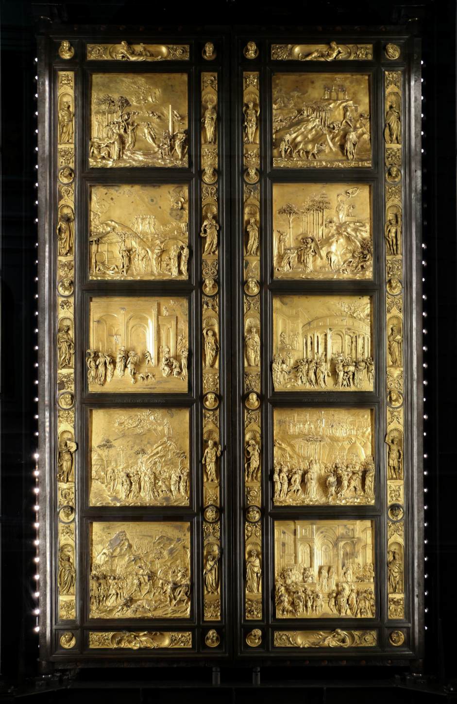 <ul><li><p>They were essentially bronze doors, located in the Baptistry of the Florence Cathedral</p><ul><li><p>They were influenced by both Gothic and Renaissance styles </p></li></ul></li><li><p>They took him nearly 50 years to complete</p></li><li><p>Consists of ten panels of scenes from both the Old and New Testament</p><ul><li><p>The first door depicted the New Testament</p></li><li><p>The second door depicted the Old Testament</p><ul><li><p>Each panel contains a whole world of amazing depth and detail</p></li><li><p>Each composition recedes from foreground figures in half-relief to low relief for those in the distance</p></li><li><p>There are architectural views, mountains, trees, and above all, people, all in astonishing realism</p></li><li><p>The Flood Panel shows Noah, with his family and animals leaving the ark, offering a sacrifice beneath the rainbow, planting vines and then sprawling in drunken abandon</p></li></ul></li></ul></li><li><p>Uses Filippo Brunelleschi’s discoveries to provide the panels with perspective</p></li></ul><p></p>