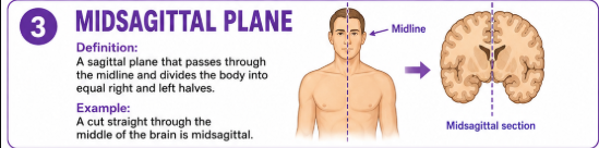 <p>A sagittal plane that passes directly through the midline and divides the body into equal right and left halves.<br>Example: A cut straight through the middle of the brain is midsagittal.</p>