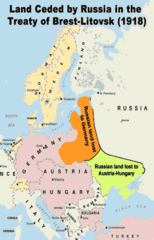 <p>A separate peace treaty signed on March 3, 1918, between the new Bolshevik government of Russia and the Central Powers; ended Russia's participation in World War I.</p>