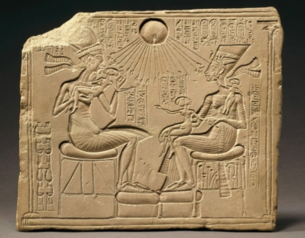 <p><span style="background-color: transparent;">6.10 Stele of Akhenaten (Amenhotep IV), Nefertiti, and their children, from</span></p><p><span style="background-color: transparent;">Akhetaten (Tell el-Amarna, Egypt), Eighteenth Dynasty, 1352–1336 BCE. Limestone</span></p><p><span style="background-color: transparent;">with painted sunken relief, 17⅛ × 15⅜ in. (43.5 × 39.1 cm). Ägyptisches Museum und Papyrussammlung, Berlin.</span></p>