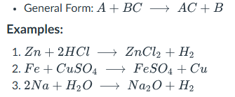 <p>A reaction in which an uncombined element displaces an element that is part of the compound.</p><ul><li><p>The reactants are always one element (or diatomic molecule) and one compound.</p></li></ul><p></p>