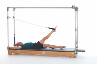 <p><strong>Setup</strong></p><ul><li><p>Lying supine in neutral spine position, legs parallel, one leg perpendicular to mat, one foot in strap, plantarflexed, other leg placed on mat, leg straight, foot plantarflexed, hands holding F2 Handles, arms bent at 90 degrees in elbow and shoulder joint or arms straight overhead, holding poles, thumbs wrapped around</p></li><li><p>Socket: F, Lever Orientation: 0, Lever Length: 1, Lever Direction: 2, Connector:N/A, Spring: N/A</p></li><li><p>Resistance: light to medium</p></li></ul><p><strong>Movement</strong></p><ul><li><p>Exhale: Lower leg</p></li><li><p>Inhale: Open leg and circle around, lift leg, return to start position</p></li></ul><p><strong>Muscle Focus</strong></p><ul><li><p>Hip extensors</p></li><li><p>Hip adductors</p></li><li><p>Spinal flexors</p></li><li><p>Spinal extensors</p></li></ul><p><strong>Objectives</strong></p><ul><li><p>Hip extensor strength</p></li><li><p>Hip adductor control</p></li><li><p>Pelvic lumbar stabilization</p></li></ul><p><strong>Cues</strong></p><ul><li><p>Maximize hip disassociation</p></li><li><p>Maintain pelvic lumbar stabilization</p></li><li><p>Draw a straight line down center</p></li><li><p>Draw semi-circle as leg circles down, around and up</p></li><li><p>Keep supporting leg elongated and stabile</p></li></ul><p></p>