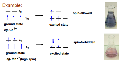 <p>The probability of a transition occurring in which the spin is changing is really small.</p><p>Spin forbidden transition give very weak bands</p>