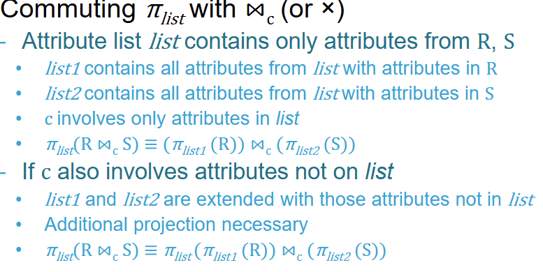 <p>Same logic as with Selections —> only thing to add is that you can’t project everything! The attributes that are responsible for the JOIN condition can only be projected AFTER the JOIN.<br><br>Example:<br>We have two tables in a company database:</p><ul><li><p><strong>Departments</strong> (<span>$D$</span>): <code>{DeptID, DeptName, Location, Budget}</code></p></li><li><p><strong>Projects</strong> (<span>$P$</span>): <code>{ProjectID, ProjectName, DeptID, Deadline}</code></p></li></ul><p></p><p><strong>The Goal:</strong> We want a list showing the <code>DeptName</code> and the <code>ProjectName</code> for all projects.</p><p></p><p>Normal, unoptimized way:<br>$$\pi_{DeptName,ProjectName}(Departments\bowtie_{D.DeptID=P.DeptID}Projects)$$ </p><p></p><p>But now we optimize:<br>$$\pi_{DeptName,ProjectName}(\pi_{DeptName,DeptID}(Departments)\bowtie(\pi_{ProjectName,DeptID}(Projects)))$$ </p><p>Note that we still DeptID within our JOIN so we still project it but get rid of it in our final projection!</p>