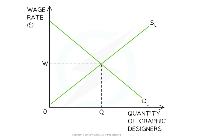 <p><strong><em>In the labour market for graphic designers, the equilibrium wage rate is W and the equilibrium quantity is Q. At this point the DL = SL - Diagram Analysis </em></strong></p>