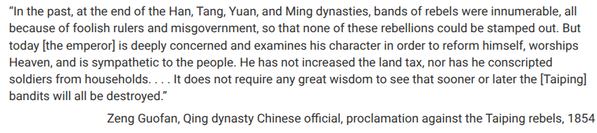 <p>In the passage above, Zeng Guofan’s purpose in listing the policies of the current Qing emperor is most likely to</p>