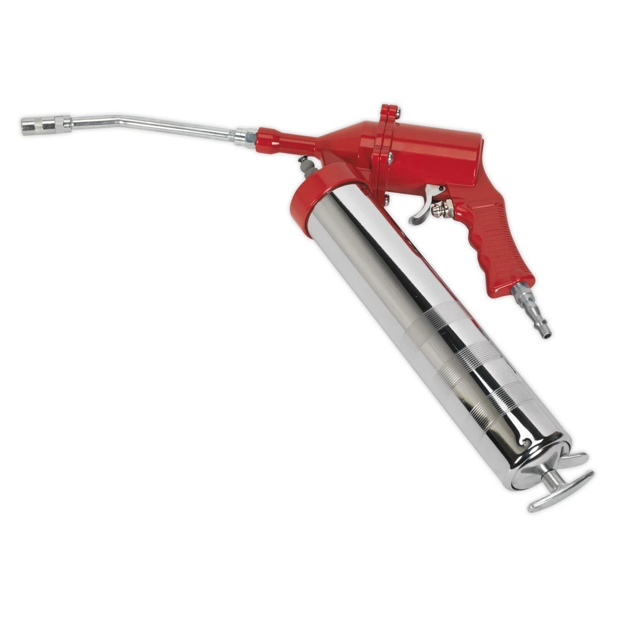 <p>Portable pneumatic grease gun that connects to an air line, using compressed air to deliver grease under pressure for lubricating fittings and machinery.</p>