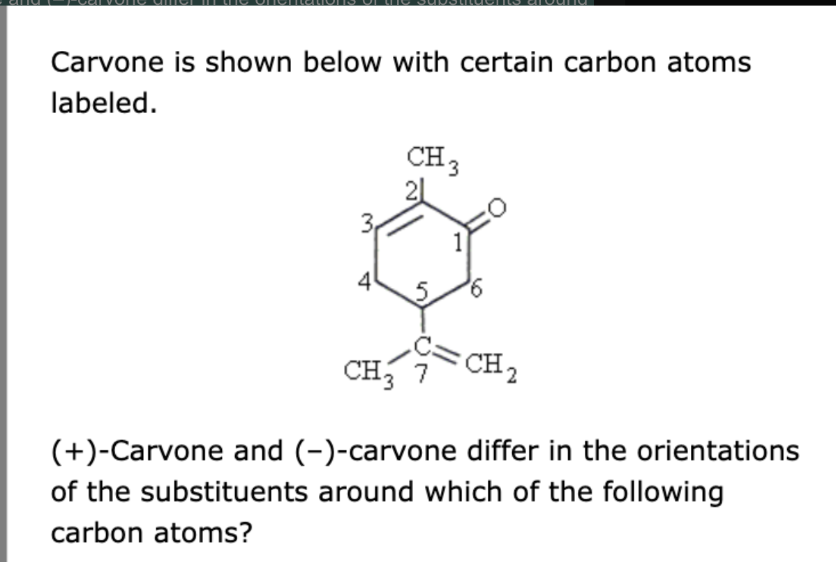 <p>(+)-Carvone and (–)-carvone differ in the orientations of the substituents around which of the following carbon atoms?</p>