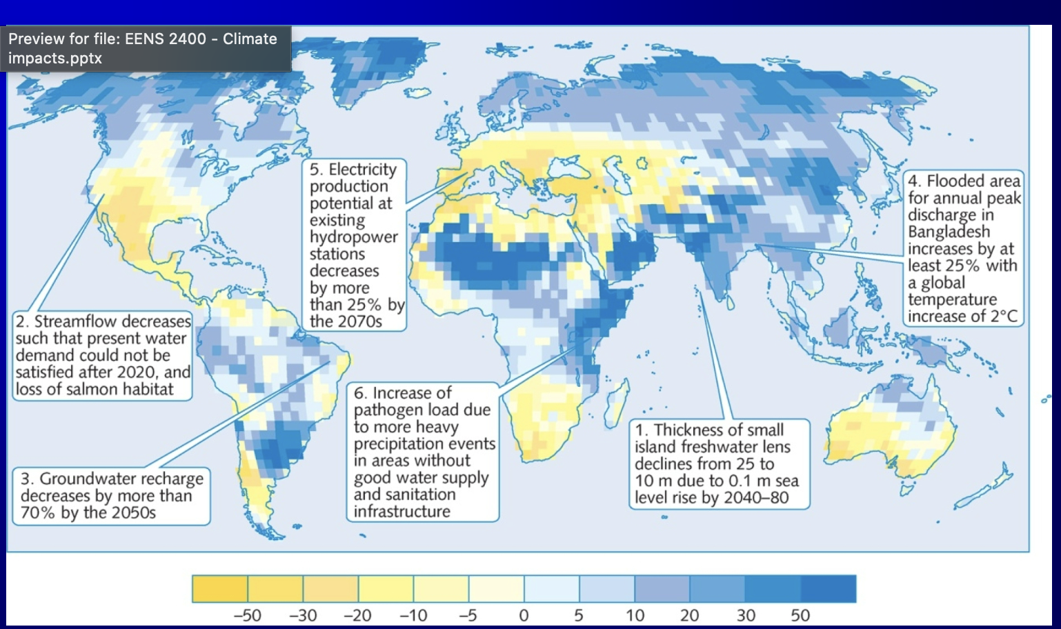 <p>freshwater lens decline: in small island nations sea level rise projected to reduce the thickness of freshwater lenses significantly by 2040</p><p>water supply riss: streamflow decrease threaten water satidfaction and salmon habitats while groundwater recharge is expected to drop sharply in 2050</p><p>infrastructure and energy: hydropower potential is predicted to decrease by over 25% by 2070s and flooding in areas like bangladesh will increase 2c </p><p>pathogen risk: wil increase beaces heavy rains in areas with out good water supply and sanitation </p>