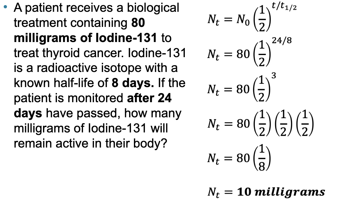 <p>a “parent” isotope decays into its “daughter” isotope at a fixed rate</p><ul><li><p>values vary from seconds to years for some isotopes</p></li></ul><p></p>