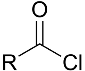 <ul><li><p>carbonyl group bonded to a halide (F<sup>-</sup>, Cl<sup>-</sup>, Br<sup>-</sup>, I<sup>-</sup> )</p></li></ul><p></p>