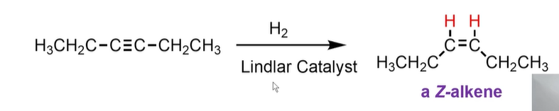 <p>Goes from a triple to an alkene. HOWEVER, it is a Z alkene. (zame zide)</p>