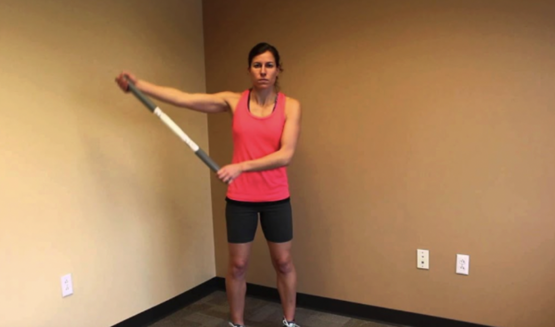 <p>pt standing with their injured arm side’s hand on the end of a dowel with the uninjured arm side’s hand in the middle of the dowel, pt to push with their uninjured side to lift the injured side into abduction</p>