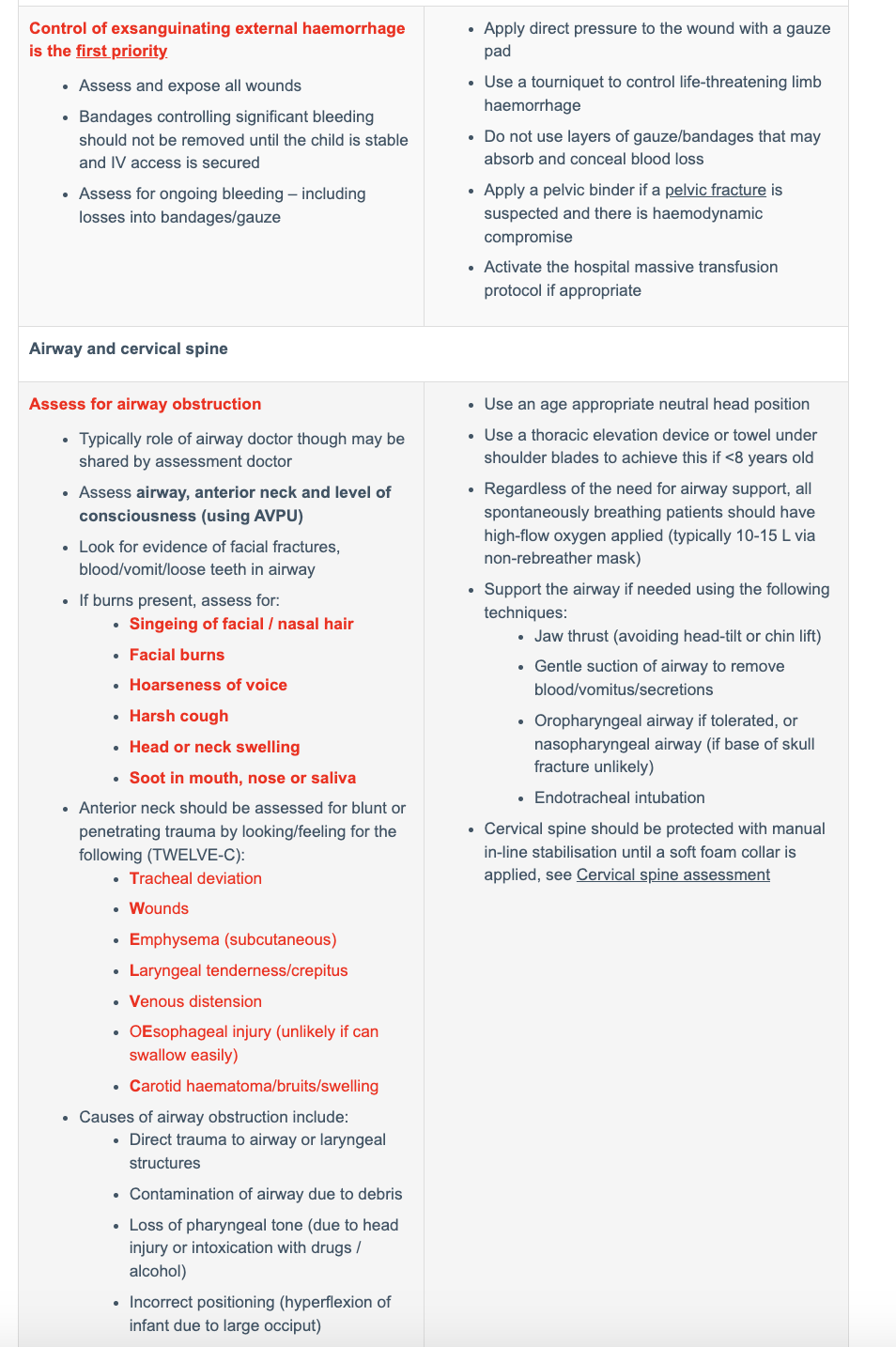 <ol><li><p><strong>Control of exsanguinating external haemorrhage</strong></p></li><li><p><strong>AIRWAY AND CSPINE</strong></p></li><li><p>BREATHING</p></li><li><p>CIRCULATION</p></li><li><p>DISABILITY</p></li></ol><p></p>