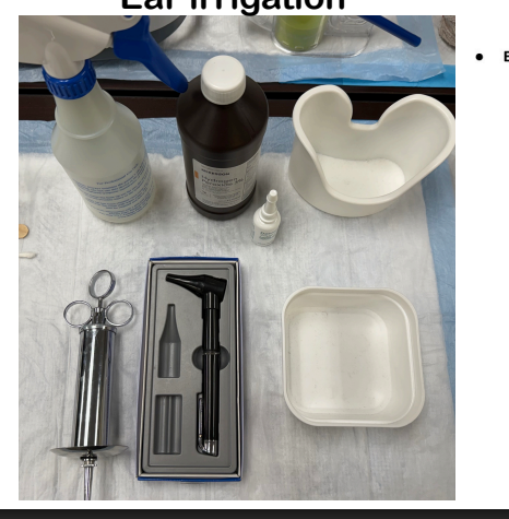 <ul><li><p><strong>Assessment</strong>: View the ears with an otoscope.</p><p></p></li><li><p><strong>Procedure</strong>:</p><ul><li><p>Prepare a warm solution of water and a dollop of hydrogen peroxide.</p><p></p></li><li><p>Draw up the solution and clean the ears.</p><p></p></li><li><p>Recheck with the otoscope to confirm progress; repeat as needed.</p><p></p></li><li><p>Stool softener can be used to break up stubborn wax (let sit 5 minutes per side).</p></li></ul></li></ul><p></p>