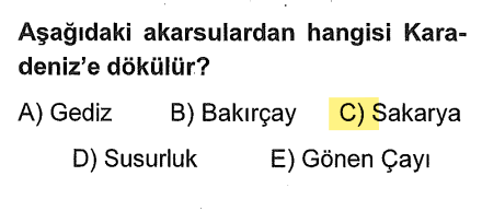 <p>Gediz ve Bakırçay (Ege), Susurluk ve Gönen Çayı (Marmara) denizine dökülürken; Sakarya Nehri, Marmara Bölgesi'nden geçmesine rağmen <strong>Karadeniz</strong>'e dökülür.</p>