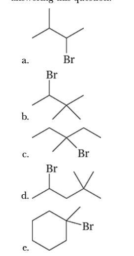 <p>7.35</p><p>Write structural formulas for all the products that would be obtained when each of the following alkyl halides is heated with potassium tert-butoxide in tert-butyl alcohol. When more than one product results, you should indicate which would be the major product and which would be the minor product(s). You may neglect cis–trans isomerism of the products when answering this question.</p>