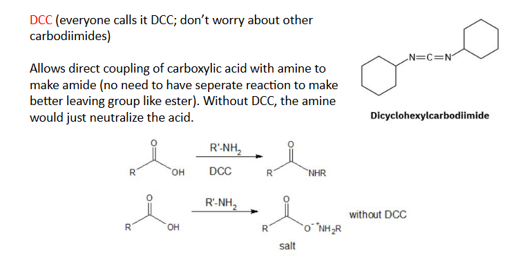 <p>Acid chloride + amine:</p><p class="isSelectedEnd"><strong>RCOCl + RNH₂ → RCONHR</strong></p><p>Carboxylic acid + amine:</p><p class="isSelectedEnd">Use:</p><p class="isSelectedEnd"><strong>DCC</strong></p><p class="isSelectedEnd"><strong>RCOOH + RNH₂ + DCC → amide</strong></p><p class="isSelectedEnd">DCC <strong>activates the carboxylic acid</strong>.</p><p>Important for <strong>peptide synthesis</strong>.</p>