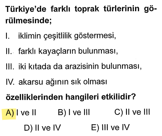 <p>Toprağın oluşumunda iki temel faktör vardır: 1. <strong>İklim</strong> (Yağış ve sıcaklık tipi belirler), 2. <strong>Ana Kaya</strong> (Kayaç tipi toprağın mineral yapısını belirler). İki kıtada toprak olması veya akarsu ağının sıklığı doğrudan toprak "tipini" belirlemez.</p>