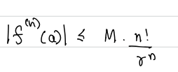 <p>| f^n (a) | = M * n!/p^n for n∈W<br>where M = max{ |f(z)| : |z-a| = r } (the maximum value of f at the border of the circle</p>