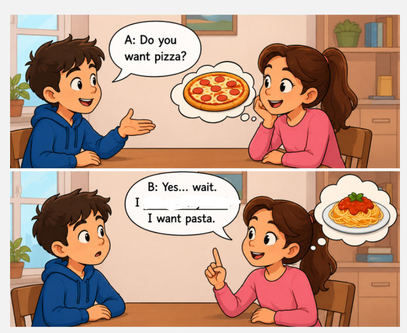 <p>A: Do you want pizza?</p><p>B: Yes⦠wait. I _______ my mind. I want pasta. <span data-name="spaghetti" data-type="emoji">š</span></p>