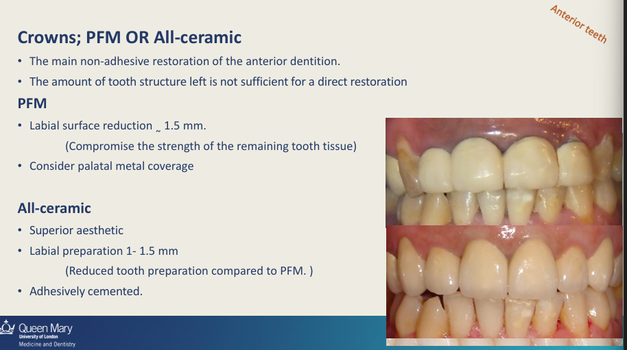<ul><li><p>Tooth structure remaining not sufficient for direct restoration </p></li><li><p></p></li></ul><p></p>