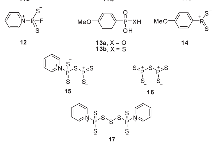 <p> It is at present not clear if the reagent 3 thionates as such or via dissociation to species such as 15 or 16. Formation of 16 has previously been formulated as part of the dissociation of P4S10. 6</p>